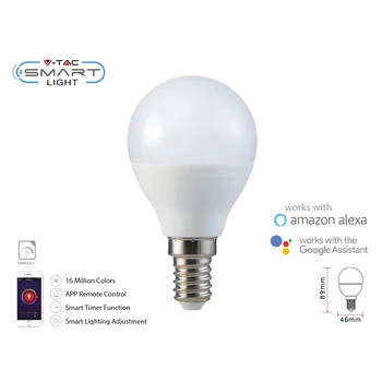 

V-TAC SH02756 V-TAC Smart Led lamp Bulb E14 P45 4,5W WiFi RGB CCT dimmable APP compatible with Amazon Alexa Google Home SKU-27