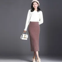 Новая Осенняя зимняя повседневная трикотажная юбка с высокой талией, Женская однотонная модная юбка, Женская эластичная юбка