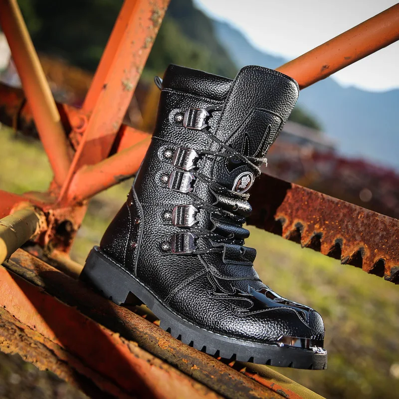 Mens Leather Boots Motorcycle Leather Boots PU Leather Breathable Punk Warm Steel Toe