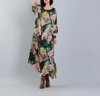 

2020 New Simple Comfortable Women Plus Size Silk Dresses Spring Summer Loose Retro Half Sleeve O-neck Floral Print Long Dress