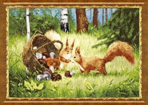 CS-3031 Cross Stitch Kit Two Squirrels and Mushroom Food in Forest Squirrel