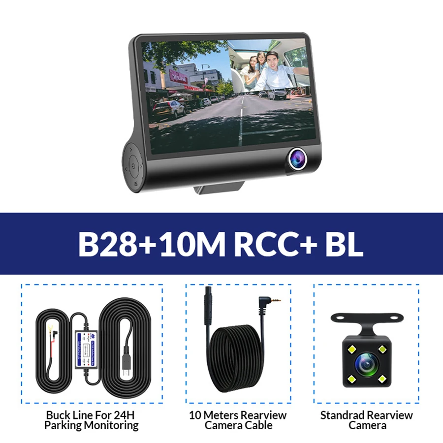 B28-10M RCC-BL E-ACE B28 Видеорегистраторы для автомобилей 4 дюймовый Dash Камера 3 Камера s объектив с зеркалом заднего вида Камера видео Регистраторы авторегистратор Dash Cam Двойной объектив камеры dvr - Название цвета: B28-10M RCC-BL