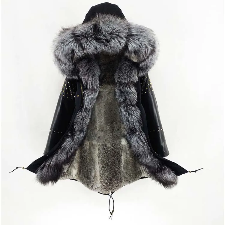 Зимняя куртка натуральный Лисий меховой капюшон, воротник пальто Женская длинная парка с заклепками овечья кожа рукав Верхняя одежда Съемная