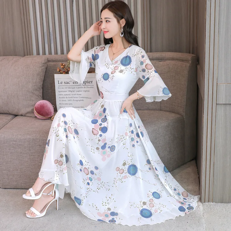 

2019 Summer New Style Korean-style Slim Fit Slimming Bell Sleeve V-neck Mid-length Floral-Print Chiffon Dress Women's