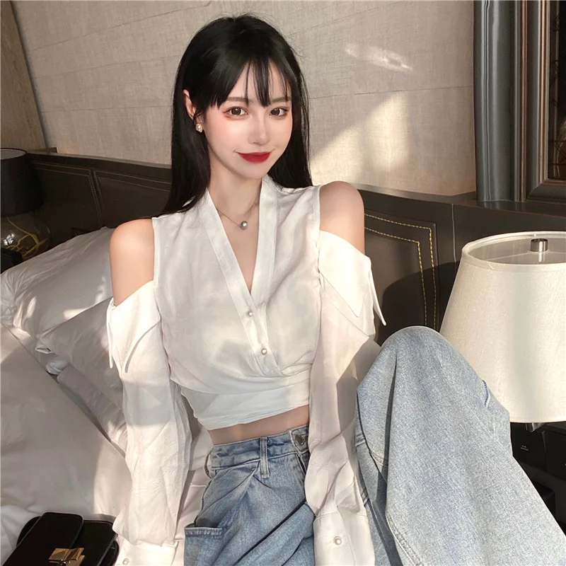 2021 New Design Sense Small Crowd Mind Closed Waist Off Shoulder Short Top Women's Autumn Lace Up White Long Sleeve Shirt | Женская