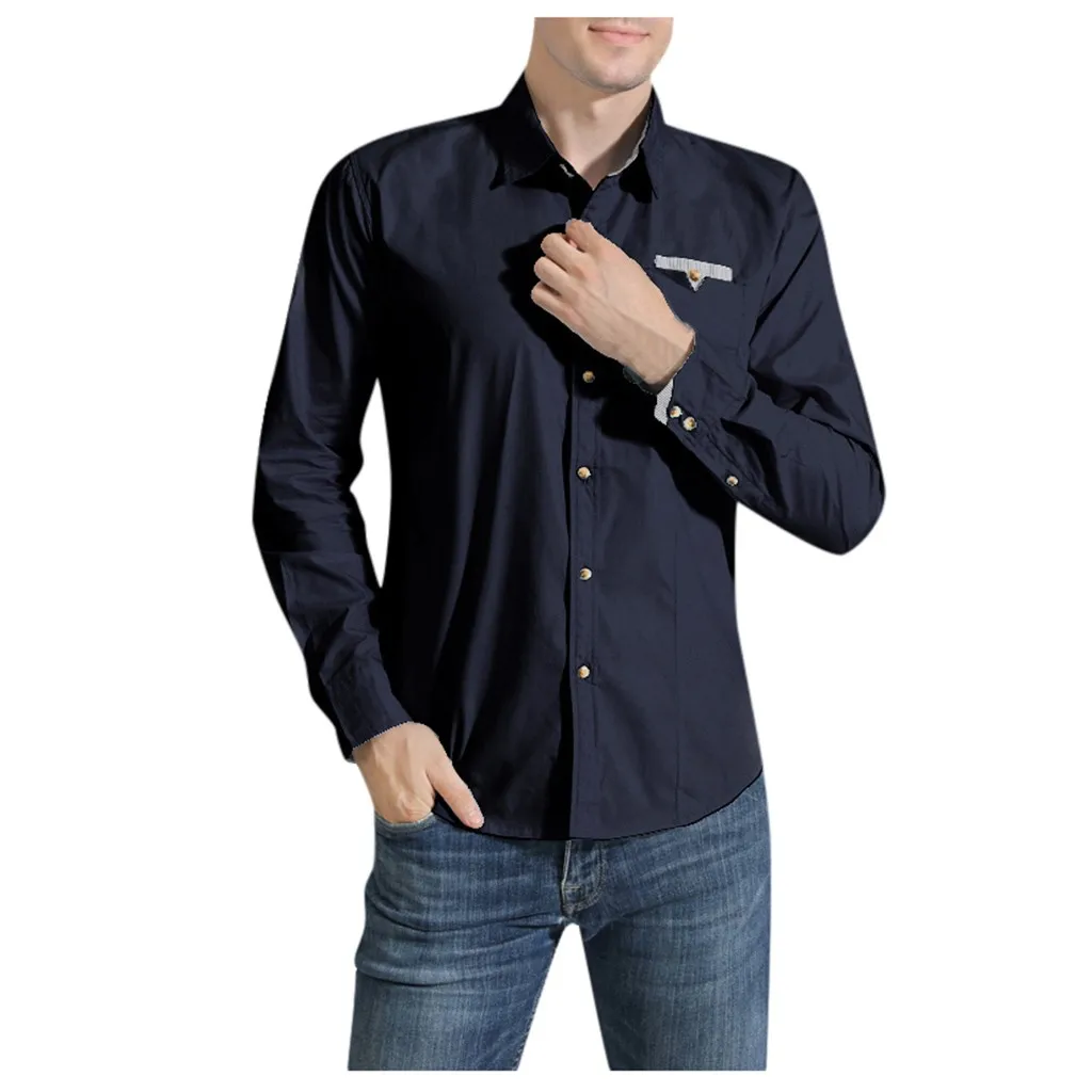Dark Blue KLV Мужская рубашка модная мужская однотонная деловая Повседневная рубашка с длинным рукавом и отложным воротником Мягкая дышащая рубашка хлопковая рубашка - Цвет: Dark Blue