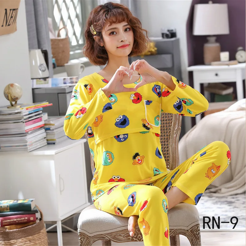 

2020 Fashion Long Sleeve Women Nursing Sleepwear Spring Cartoon Maternitu Pajamas Set Full Autumn Casual Pregnant Homewear Suit