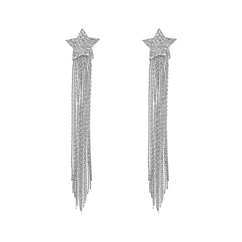 silver color 925 серебряные серьги в форме звезды с длинной кисточкой массивные длинные серьги со стразами модные ювелирные изделия бижутерия для свадьбы, вечеринки - Окраска металла: silver color