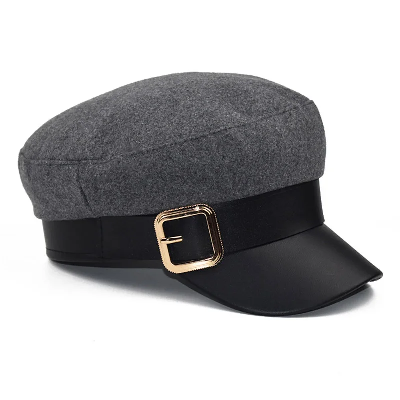 Модная черная шапка Зимняя кепка шерстяная шапка британский стиль теплая уличная плоская кепка регулируемая восьмиугольная кепка женские шапки - Цвет: grey