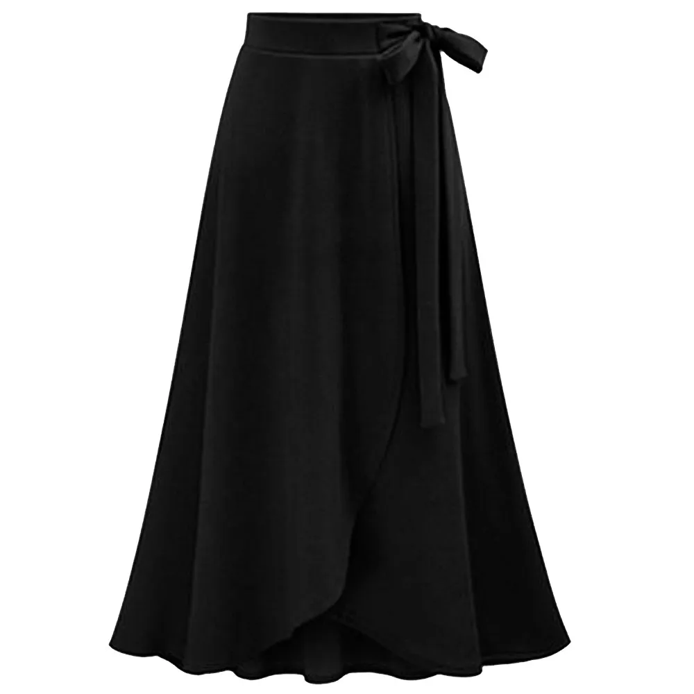 Летняя асимметричная юбка с высокой талией, Женская Однотонная юбка макси с бантом на поясе, Женская Повседневная Длинная юбка большого размера, M-6XL - Цвет: Черный