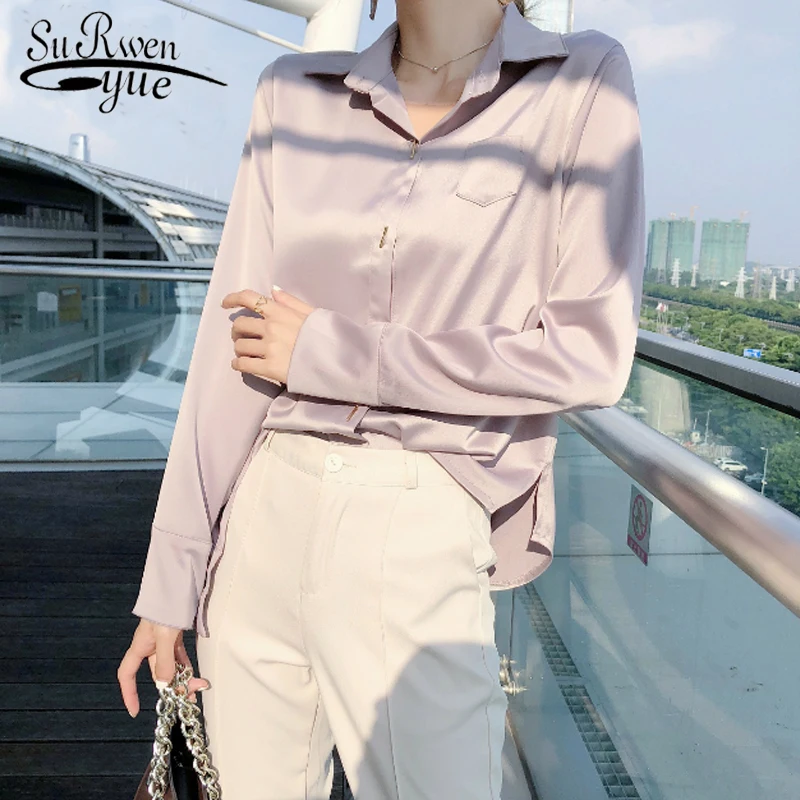Корейские осенние Топы размера плюс, белая розовая блузка, Модная элегантная Рабочая Рубашка, атласная блузка, женские рубашки, винтажные блузки 5417 50