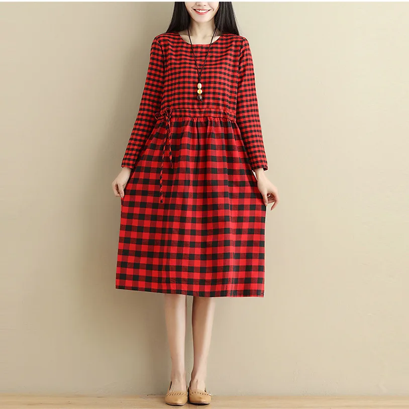 

Plaid Dress Women's 2019 Spring New Style Drawstring Slimming Mid-length Base Long Sleeve Cotton Linen Dress Women's
