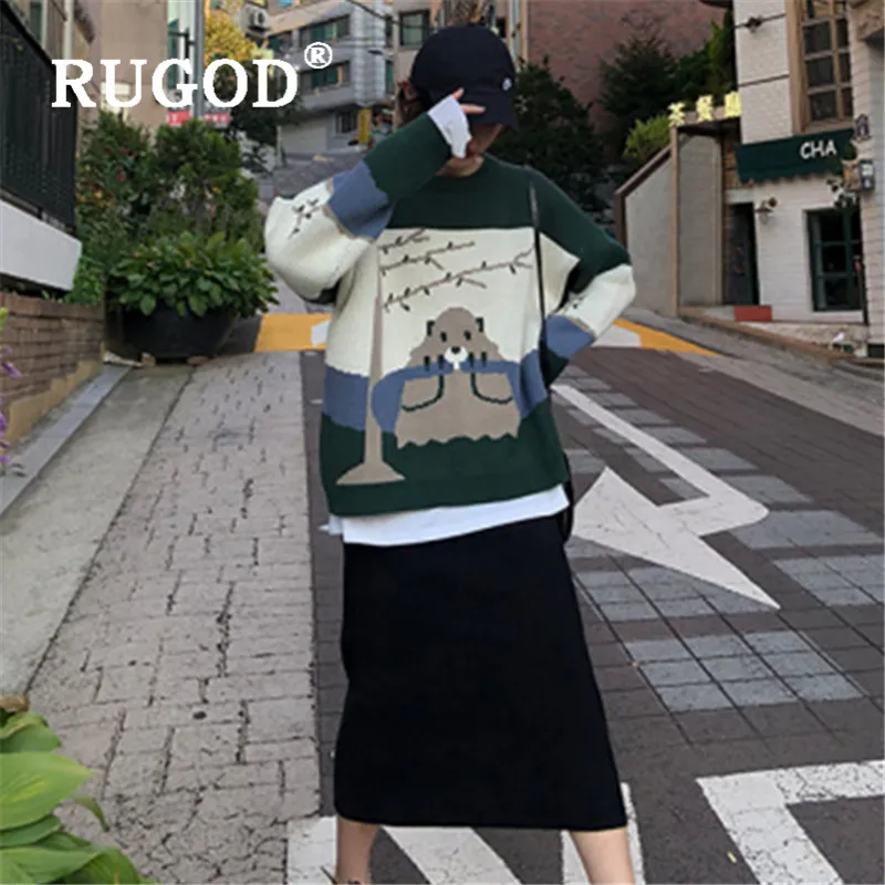 RUGOD, корейский стиль, шикарный, круглый вырез, рисунок коала, милый вязаный свитер, Kawaii, зимние топы для женщин, осень, трикотаж