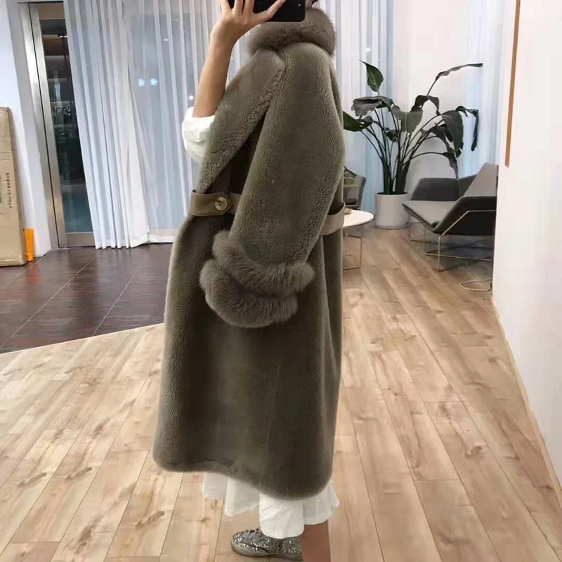 Натуральное шерстяное меховое пальто, зимняя одежда, Женская длинная стильная куртка из искусственной замши с натуральным мехом лисы