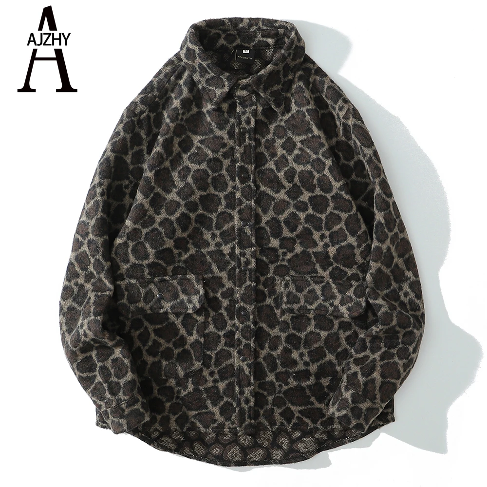 

AJZHY Leopard Flannel Shirt Jacket Mens Oversized Winter Warm Streetwear Casual Fashion Vintage Harujuku Long Sleeve Dress Shirt