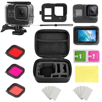 

HOT-for Gopro Accessories Set for Gopro Hero 8 Waterproof Housing/Storage Box/Silicone Case/Tempered Film/Filters Kit Action Cam