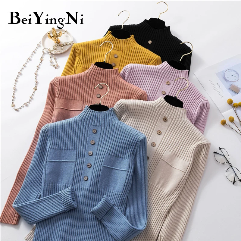 

Beiyingni Women's Sweater Autumn Basic Buttons Knitted Sweaters Fashion Solid 9 Colors Casual Pullover High Elastic Slim Tops