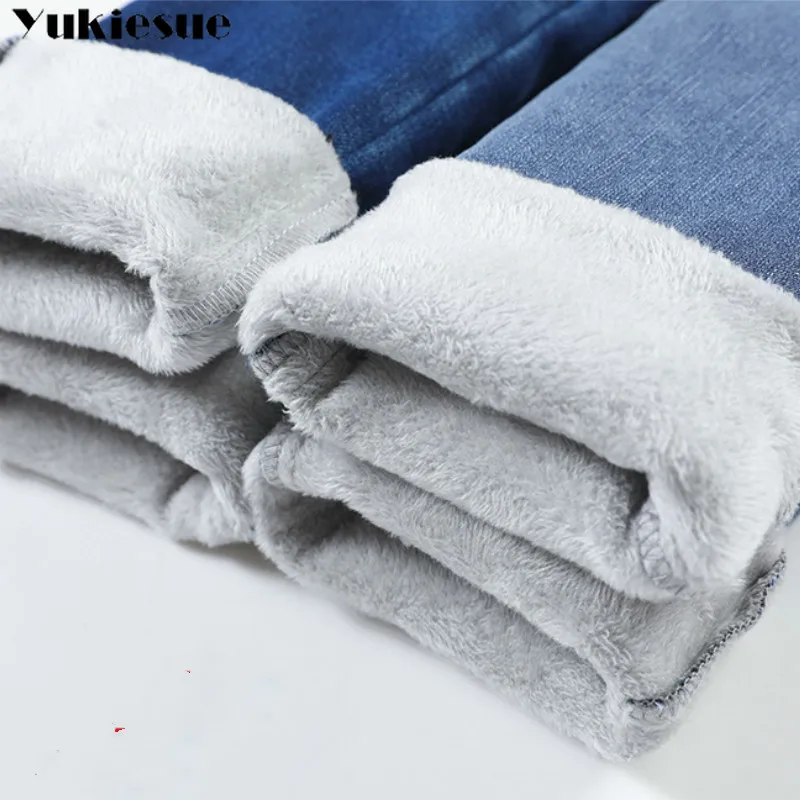 Warm Jeans Pants Light-Blue Denim Trousers Winter Women Velvet Skinny Plus-Size for Solid