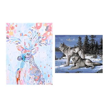 

2 Set DIY Oil Painting Paint By Number Kit Ie Drawing on Canvas By Hand Coloring Rainbow Deer & Snow Wolf