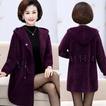

2020 Autumn Winter Middle-aged Women Imitation Mink Cashmere Knit Cardigans Loose Sweater Coas Female Hooded Casual Outwear G530