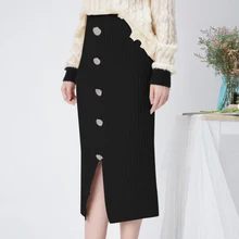 Зимняя трикотажная Женская юбка с высокой талией, красивая Осенняя теплая Повседневная юбка, Длинная женская юбка с разрезом спереди и пуговицами, уличная одежда