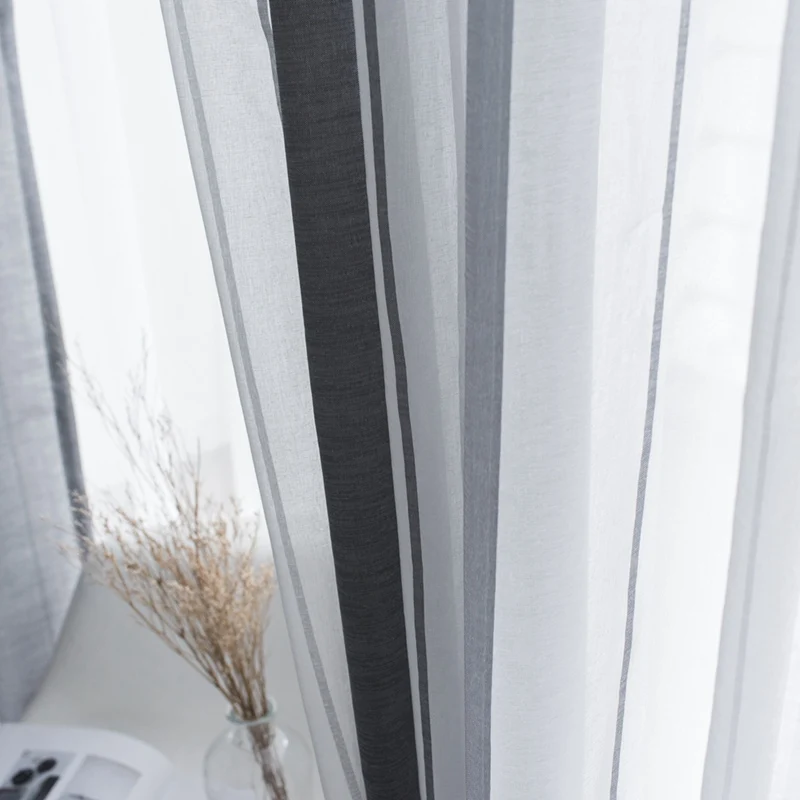 Nordic Simple Gray Linen Sheer Tulle Curtains For Living Room Stripe Modern Curtains Bedroom Window Voile Curtains Blinds Drapes