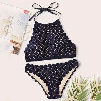 

Fashsiualy Halter Swimsuit Set Womens Push Up Bikini Sets Wave edge Swimsuit Padded Monokini Solid Swimming Hollow out Swimwear
