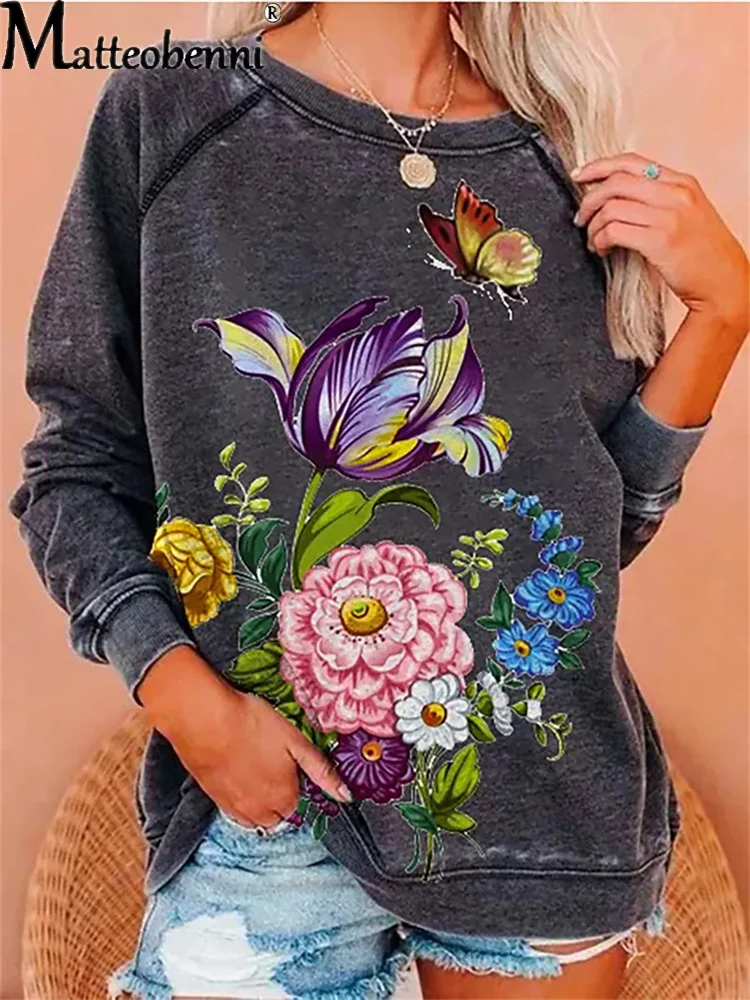 

2021 Autumn Flower Butterfly Print Long Sleeve O-Neck Tops For Fashion Casual Loose Splice Cotton New Ladies Pullover Sweatshirt