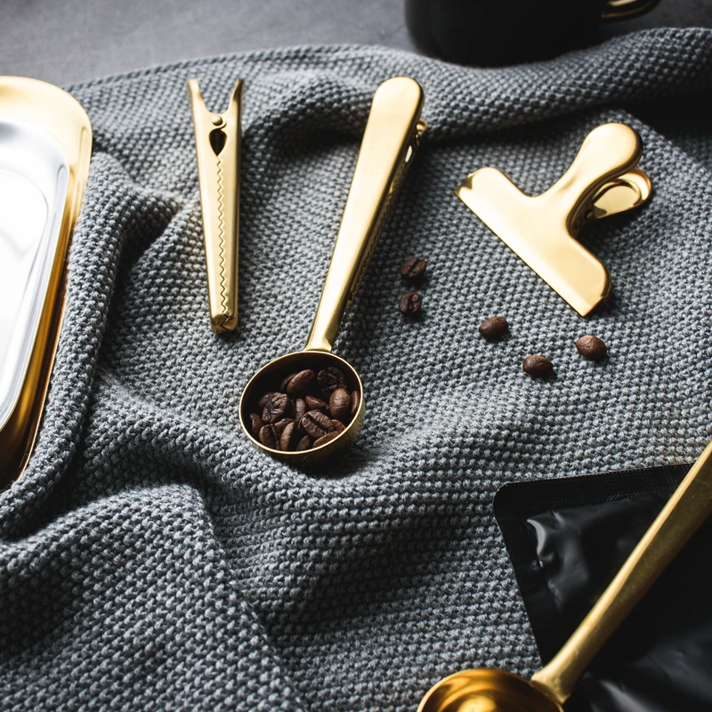 

Chic Originality Metal Seal Clip Coffee Bean Spoon Clip Multifunction Measuring Spoon Gold Storage Folder Ticket Holder 4pcs