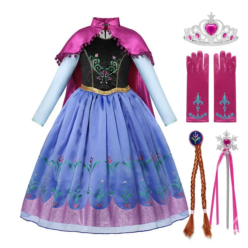 Anna Dress Set VOGUEON/платье принцессы Анны и Эльзы; нарядный костюм Снежной Королевы Эльзы с длинным плащом; нарядная одежда на Хэллоуин для девочек - Цвет: Anna Dress Set