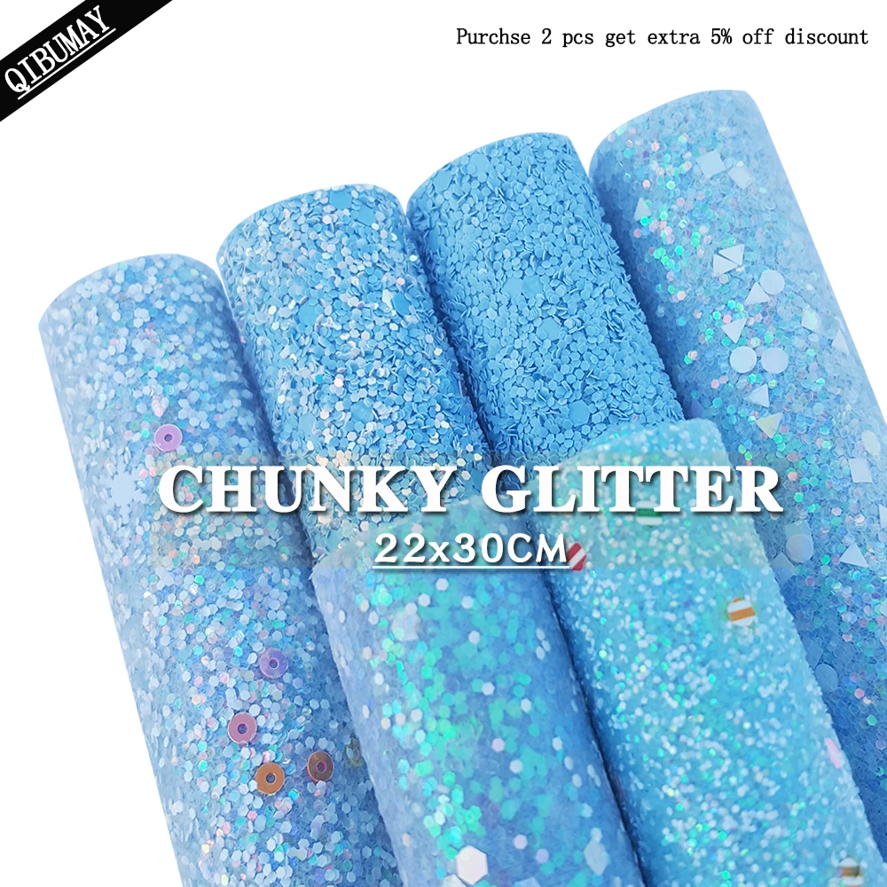 

QIBU 22*30cm Blue Chunky Glitter Fabric A4 Size Shiny Christmas Faux Leather Sheets DIY Party Hairbow Earring Bags Accessories