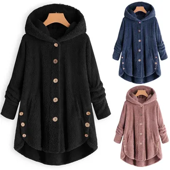 

Fashion Plus Size S-5XL Women Button Coat Fluffy Tail Tops Hooded Pullover Loose Sweater Oversize Coats Winter Warm Outwear 816