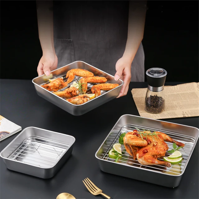 Thicken Stainless Steel Storage Tray With Lid Rectangle Food Plate Cake  Bread Baking Pan Flat Bottom Dish Bakeware Kitchen Tools - Storage Trays -  AliExpress