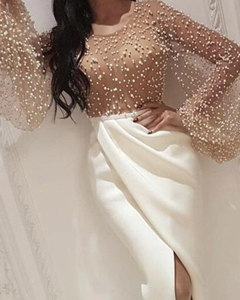 Billig 2019 herbst Frauen Elegante Formale Kleid Maxi Kleid Weibliche Stilvolle Lange Party Kleid Perlen Verziert Mesh Patchwork Slit Kleid