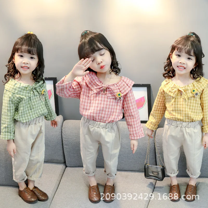 

Childrenswear 2019 Autumn Clothing Girls Pineapple Checkered Two-Piece Set Children Long-sleeved Shirt Coat Set