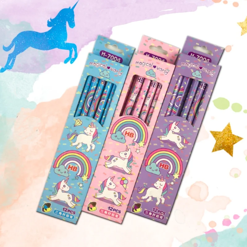 

12pcs/set Cartoon Pencils unicorn Pencils with Erasers Stationery School Supplies Wood Pencil Kid Student gift