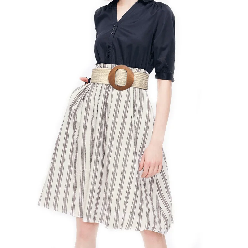 

Women Bohemian Braided Wide Belt Round Square Smooth Imitation Wood Buckle PP Straw Designer Dress Jeans Female Decoration Belts