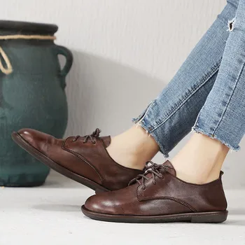 

Handmade Oxford Female Shoes Flat Round Toe Genuine Leather Oxford Shoes For Woman Casual Loafer Lace Up New British Women Flats