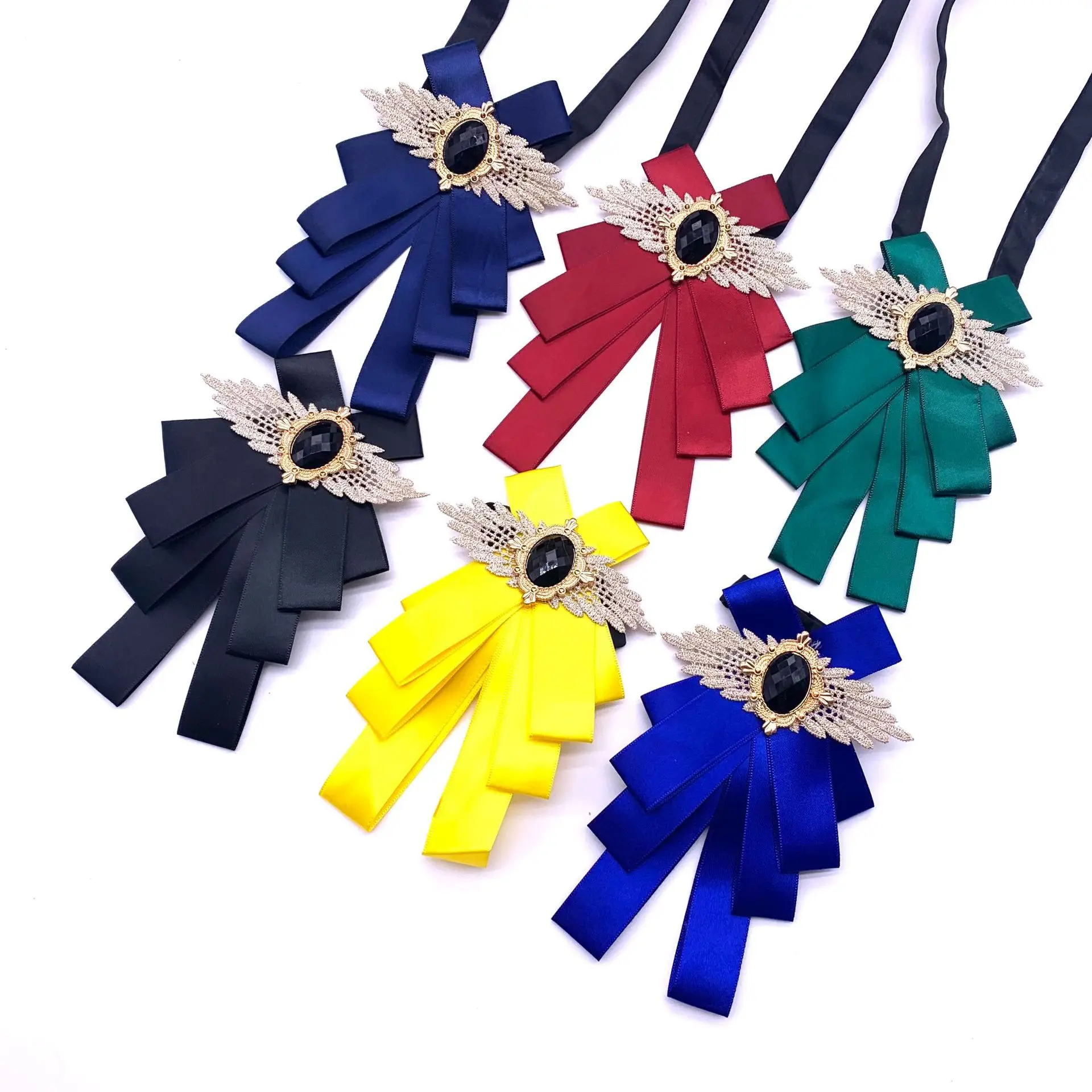 

British Women Wedding Party Gift Bow Tie Cravat Men Elastic Band Necktie Alloy Rhinestone Uniform Layer Chic Satin Ribbon Bowtie