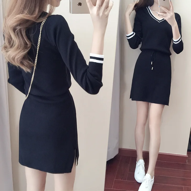 

2019 Autumn WOMEN'S Dress Korean-style Jersey Dress Mid-length Long Sleeve Versatile Slim Fit Slimming Fleece Base Skirt