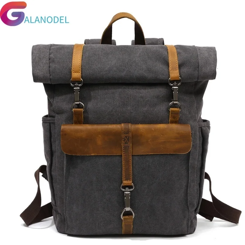 

GALANODEL Traveling Fashion Canvas Leather Backpacks 14" Laptop Daypack for Europe Teenager Back Pack Student Computer Rucksacks