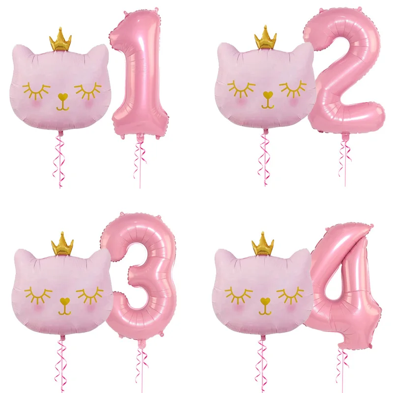 2pcs/set Big Cat Head Aluminum Balloons 32inch Pink 1 2 3 4 Years Birthday Party Decoration Balloon Baby Shower Globos | Дом и сад