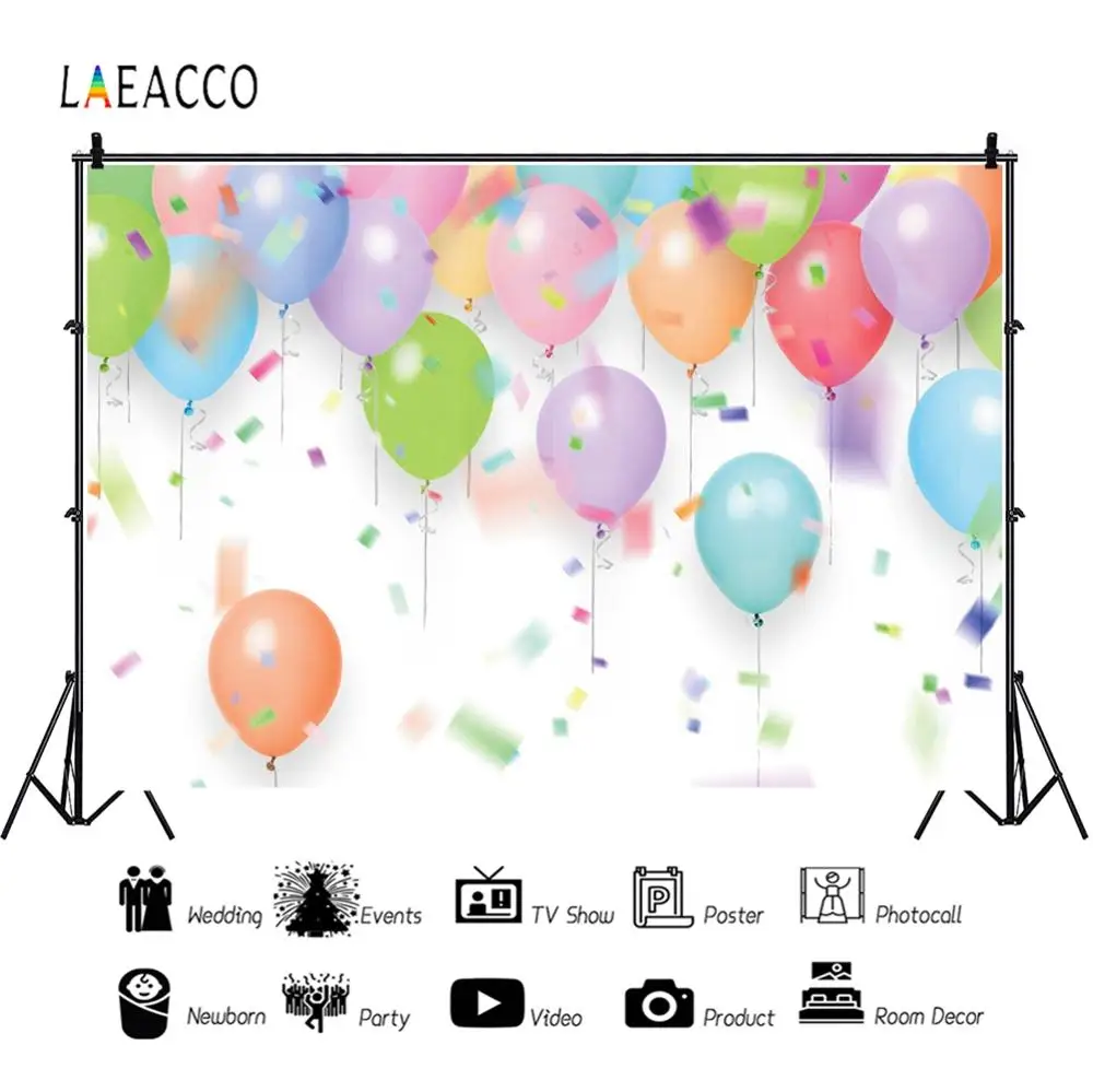 

Laeacco Celebration Ceremony Birthday Party Backdrop Colorful Balloon Ribbon Banner Customize Photography Background Photo Zone
