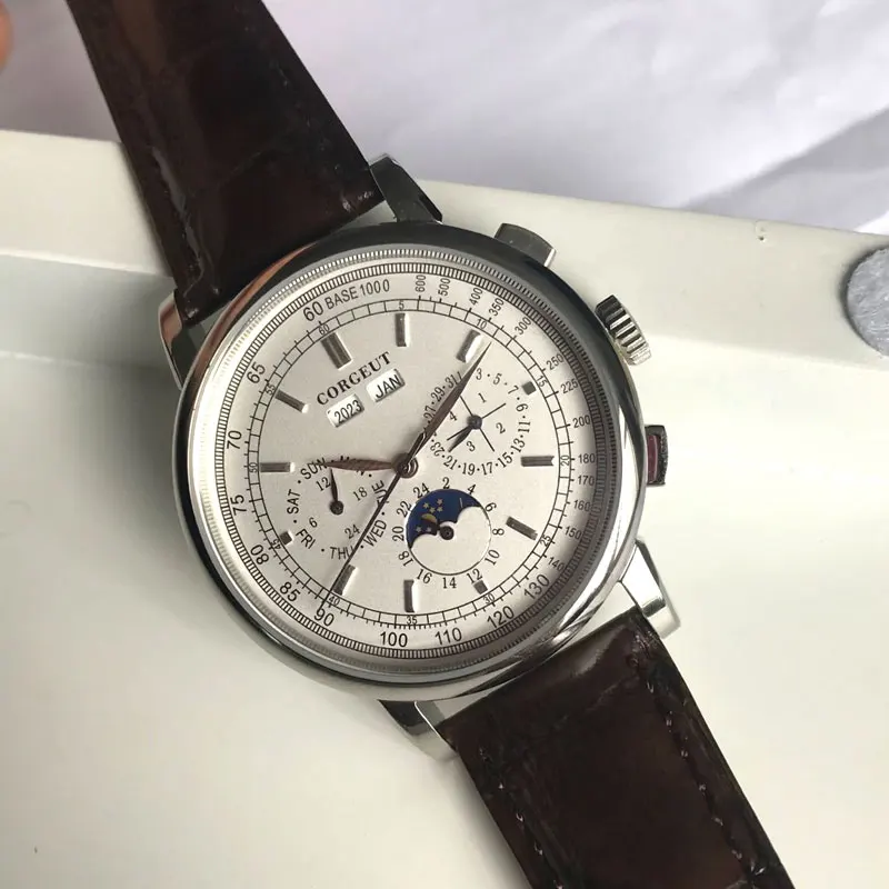 Топ бренд 42 мм Corgeut механические наручные часы moon Phase белый циферблат серебряный