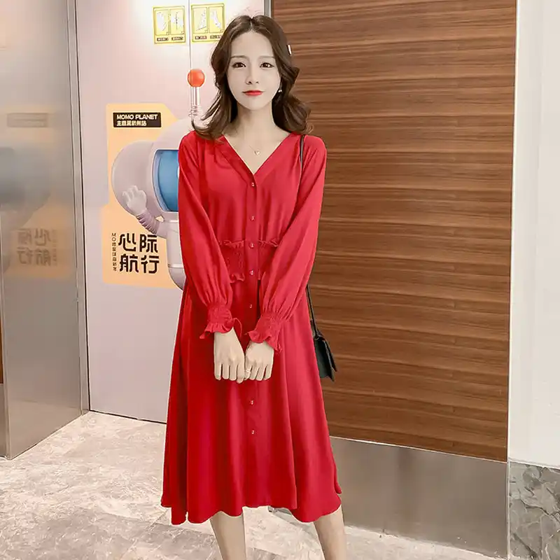 red long sleeve shirt dress