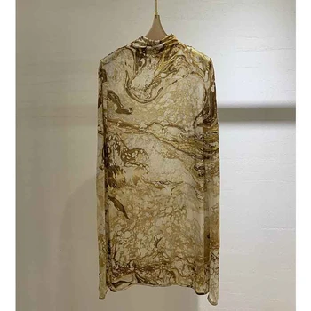

Cosmicchic 2020 Women Long Sleeve Transparent Mesh Tops Turtleneck Marbling Retro Pullover Thin 100% Silk Slim Pullover