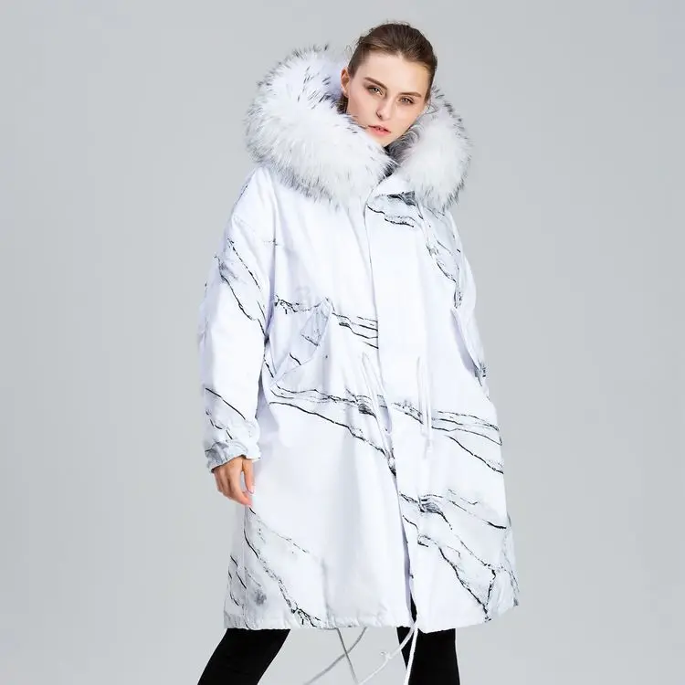 Ink painting design new personality loose raccoon white collars in the long winter coats for women
