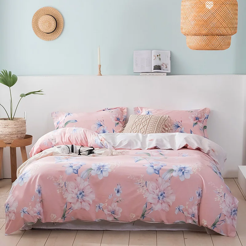 

2021 Four-piece Bedding Simple Cotton Double Household Bed Sheet Quilt Cover Thickening Sanding Dormitory Bed Sheet Light Pink