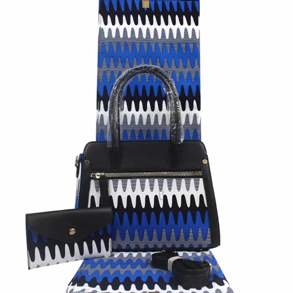 

3pcs White Blue Ankara African Print HandBag set, African Tote bag set And Watching 6yards African wax fabric For wedding YB-16