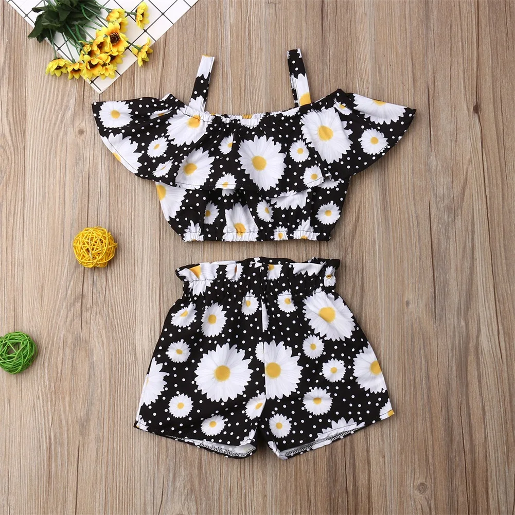 Newest Fashion Summer Toddler Baby Girl Clothes Off Shoulder Ruffle Sling Crop Tops Short Pants 2Pcs Outfits Clothes